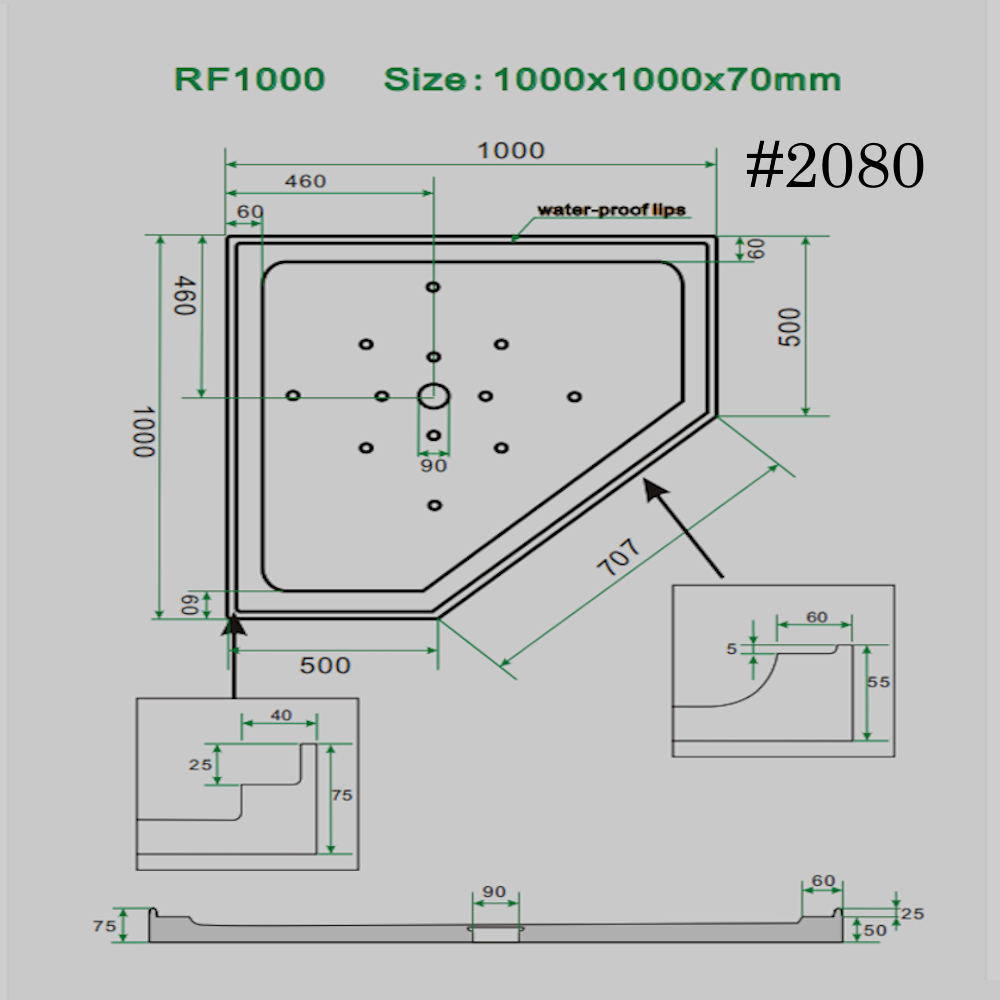 SHOWER TRAY[diamond] BASE 60mm  1000/1000mm